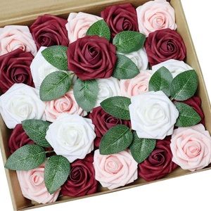 25 Count | Burgundy White Blush Roses Wedding Bouquet Flowers Centerpiece Decor